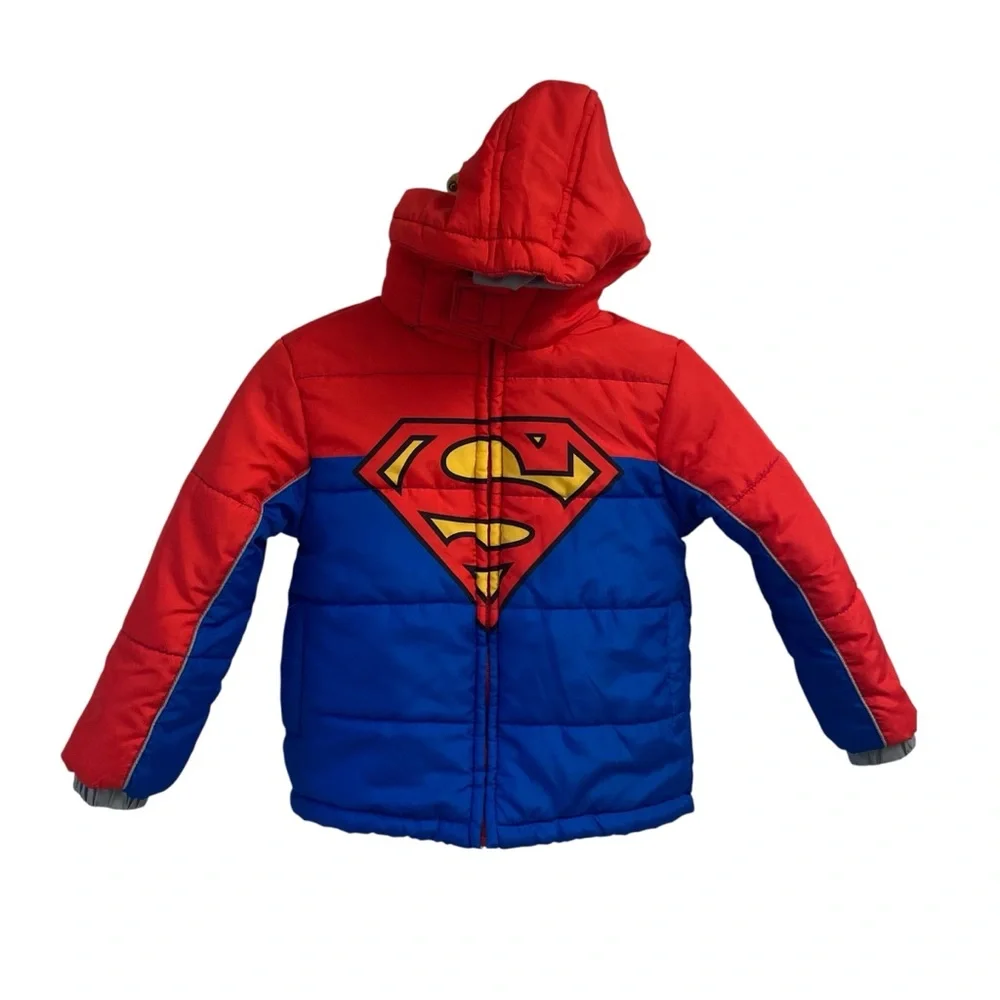 DC Comics Superman Kids Puffer Hooded Jacket - Red and Blue Size 5/6 - Picture 1 of 14